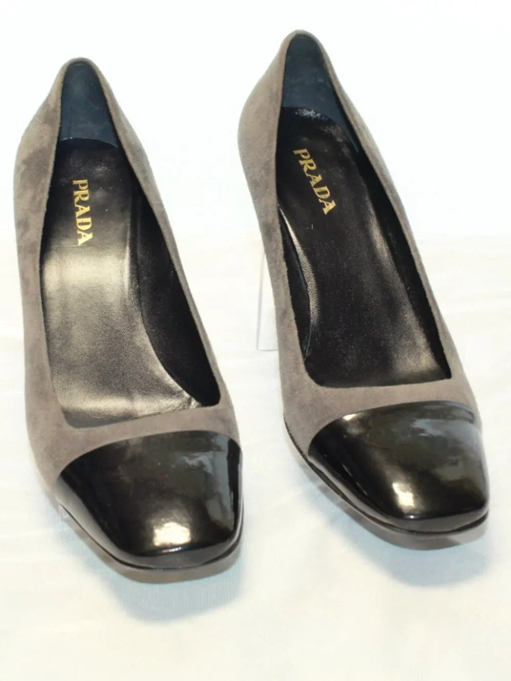 Prada Size 10 / 41 Gray Suede W Black Patent Cap Square Toe Heels Pumps - 9623